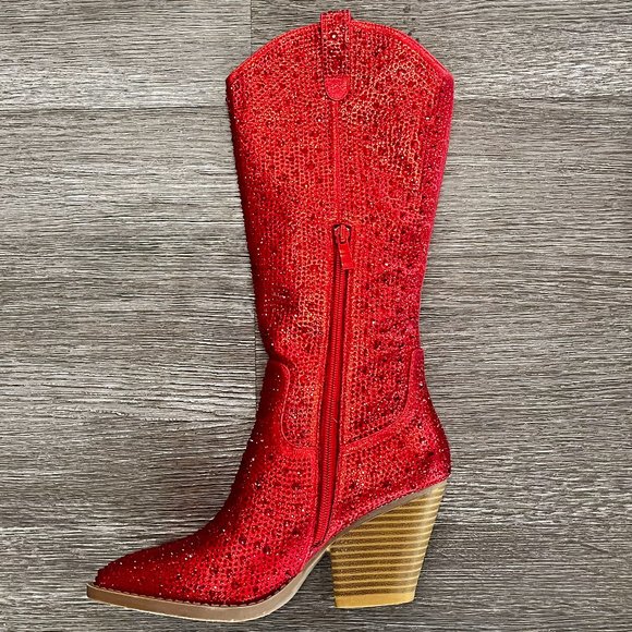 Women's Red Blingy Rhinestone Western Knee High Cowboy Boots - Picture 6 of 6